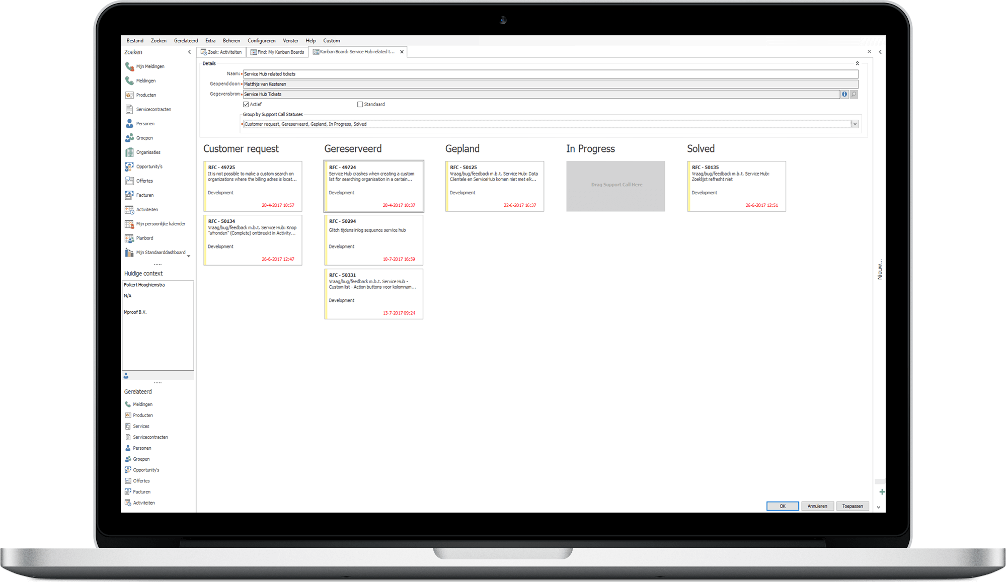 Met het uitgebreide kanban bord in Clientele ITSM krijgt u grip op uw ITIL software en ITSM processen.